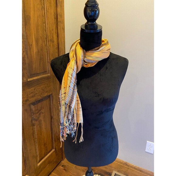 Long Scarf Gold &  Brown very pretty w/ fringed ends - Picture 1 of 7